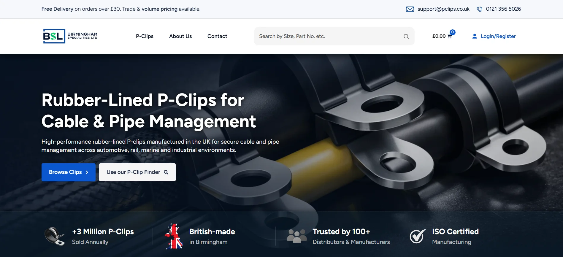 Screenshot of the pclips.co.uk homepage — online store for UK-manufactured rubber-lined P-clips